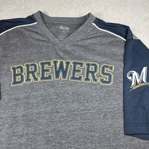 Stitches T-Shirt Mens XL Heather Gray Blue Graphic Milwaukee Brewers Performance